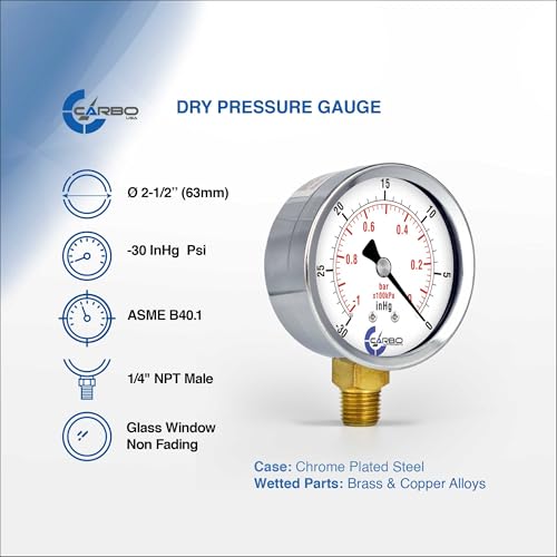 2-1/2" Pressure Gauge, Chrome Plated Steel Case, Dry, Vacuum -30 Hg/0, Lower Mount 1/4" NPT - style: -30 inHg