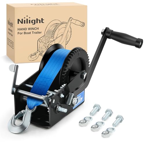 Nilight Boat Trailer Winch 3500 LBS Hand Crank Winch Heavy Duty Boat Winches with 33 FT Blue Strap Rope Hook Two Way Ratchet 4:1 8:1 Gear Portable Marine Manual Winch for Trailers Boat RV ATV Towing - color: Blue, size: 3500 lbs