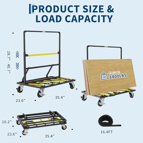Heavy-Duty Panel Dolly Cart – 1800 lbs Capacity Material Handling Flatbed – Collapsible Platform Truck with Expandable Deck, Swivel Casters & Tie-Down Strap – Black