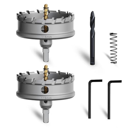 Metal Hole Saw 4-1/2''(115mm) 2Pcs Set Heavy Duty Tungsten Carbide Tipped Hole Cutters Set with a nitrided Step Drill and L-flench, for Steel Iron,Aluminum,Stainless stell,Plastic - size: 4-1/2''(115mm)-2PCS