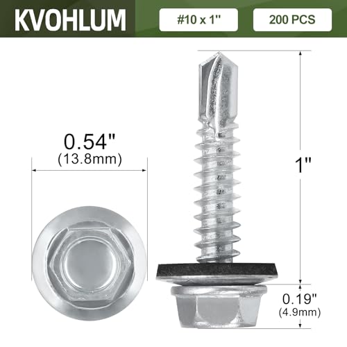#10 x 1 (200 PCS) Metal Roofing Screws with Rubber Washer, Hex Head Self Tapping Screws for Metal, Self Drilling Sheet Metal Screw, Hex Bit Socket Included - size: #10 x 1"