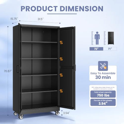 71"Metal Garage Storage Cabinets with Wheels & Adjustable 4 Shelves - color: Black, size: 71"H x 31.5"W x 15.7"D