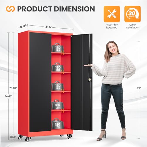 Garage Cabinet with Wheels and Adjustable Shelves, Metal Garage Storage Cabinets with 2 Doors, Storage Caninet with Lock, Heavy Duty Tool Cabnet for Workshop/Home/Office-(Black Red 75”H) - color: Red Black, size: 75"H
