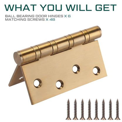 6 Pack Brass 4'' Ball Bearing Door Hinges, 4 x 4 Inch Exterior Door Hinge - color: Brass