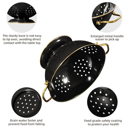 Metal Colander 2 Pack, 3.5 Quart Powder Coated Self-draining Solid Ring Base Metal Large Kitchen Pasta Vegetable Fruit Strainer with Handle (L-BLACK) - color: L-BLACK