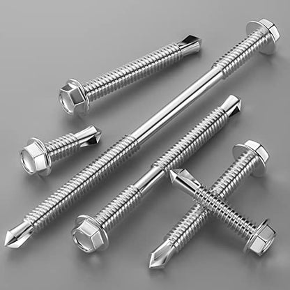 Wensilon (200Pcs) #8×1-1/4" Hex Washer Head Self Drilling Screws, 410 Stainless Steel Metal SheetScrews，TEK Screws, Sheet Metal Self Tapping Screws - color: Silver, size: #8×1-1/4"