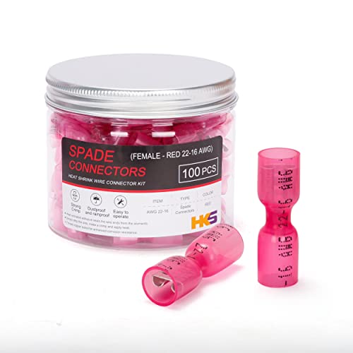 HKS 100PCS Female Spade Connector Red 22-16 AWG - Heat Shrink Electrical Quick Disconnect Wire Connectors Kit - Tinned Red Copper - Automotive Marine Crimp Connectors - Waterproof and Insulated - color: Red 22-16AWG, size: Female