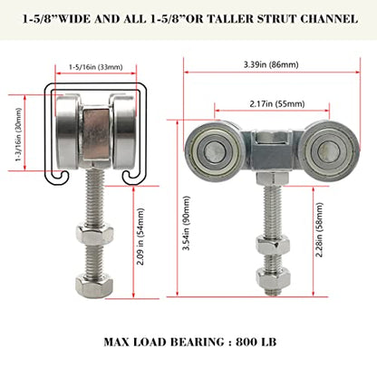 SIWOOD 4-Wheel Strut Channel Trolley 2 Pack, 800 LBS Load Capacity, Fits 1-5/8" Channel, Anti-Jam Groove, Quiet Bearings, M10 304 Stainless Steel Hardware for Indoor or Outdoor Use