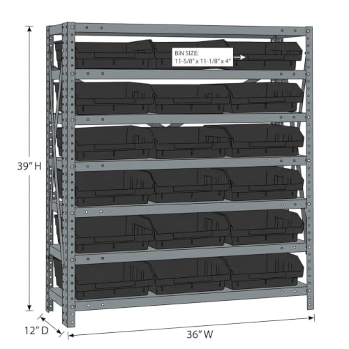 Quantum Storage Systems 1239-109BK Steel Shelving Unit with 4" Shelf Bins, 12" D x 36" W x 39" H, Black - size: 39" H x 36" W x 12" D, style: 12" L x 12" W x 4" H 18 Economy Black Bins