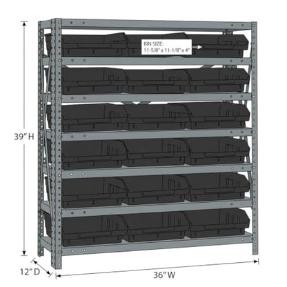 Quantum Storage Systems 1239-109BK Steel Shelving Unit with 4" Shelf Bins, 12" D x 36" W x 39" H, Black - size: 39" H x 36" W x 12" D, style: 12" L x 12" W x 4" H 18 Economy Black Bins