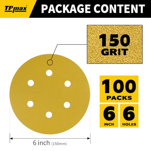100PCS 6 Inch 150 Grit 150mm 6 Hole Sanding Discs Sandpaper - Premium Gold Round Hook and Loop for Random Orbital Sander - Ideal for Wood, Metal, Automotive - style: 150 Grit - 100 Pack