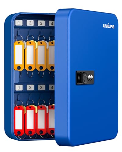 Uniclife 28 Keys Steel Key Cabinet with Resettable Code Blue Wall Mounted Key Organizer with Combination Lock Digital Security Box with Hooks and Large Key Tag Labels Identifiers in 5 Assorted Colors - color: Blue, size: 28 Keys