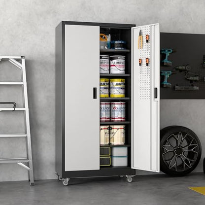 Reemoon Metal Garage Storage Cabinet with Wheels, Black and Silver - color: Black-silver, size: 16"D x 32"W x 71"H