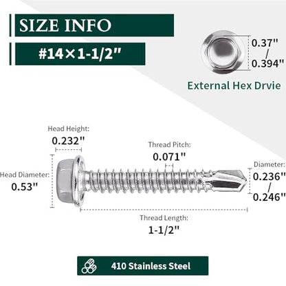 #14 x 1-1/2" (25 pcs) Hex Washer Head Self Drilling Screws, 410 Stainless Steel Metal Sheet Tek Screws, Self Tapping Point, No Pre-drilled Hole Needs - size: #14 x 1-1/2"
