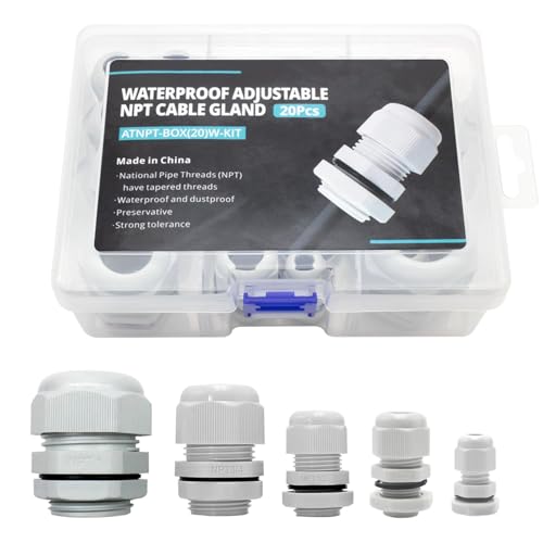 20-Pack NPT Cable Gland Kit, IP68 Waterproof Nylon PA66 Strain Relief Cord Grips, 1/4" 3/8" 1/2" 3/4" 1" Adjustable Locknut for 3-25mm Wire, Electrical Conduit Fitting with Gaskets, Grey - AIRTAK - color: Gray, size: 20pcs-Kit box