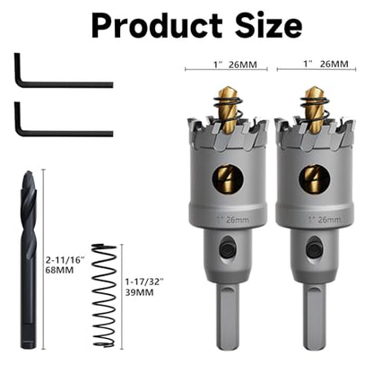 Metal Hole Saw 1"(26mm) 2Pcs Set Heavy Duty Tungsten Carbide Tipped Hole Cutters Set with a nitrided Step Drill and L-flench, for Steel Iron,Aluminum,Stainless stell,Plastic - size: 1"(26mm)-2PCS
