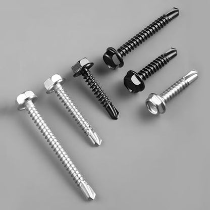#6 x 1/2 Inch Self Drilling Screws, (145pcs) 0.5 lbs Black Self Tapping Screws for Metal, 410 Stainless Steel Hex Washer Head Sheet Metal Screw - color: Black 0.5lb Per Box, size: #6x1/2"