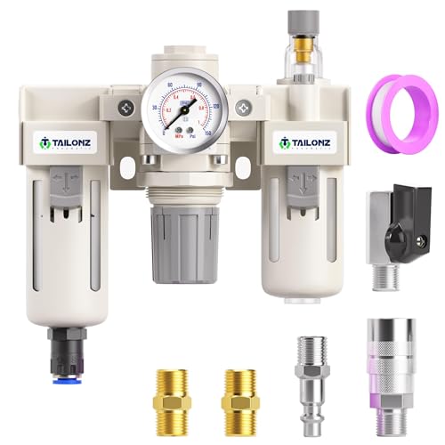 TAILONZ PNEUMATIC 1/2 Inch NPT Automatic Drain 3 in 1 Oil Air Pressure Regulator Filter AC4000-04D（0-150PSI） with Lubricator Cup for Air Tools System - color: Automatic/3 in 1, size: 1/2"NPT