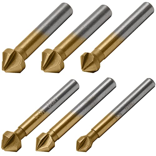 6 Pack 3 Flute 90 Degree Countersink Drill Bit Set, Titanium HSS Chamfering Tool Set Metric End Mill Cutter Bits, Deburring Chamfering Bit for Metal, Wood, Aluminum, Stainless Steel