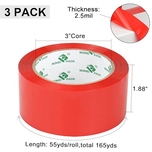 BOMEI PACK Red Heavy Duty Packing Tape 3 Rolls, 1.88 inches Wide, 55yds Length per roll, Red Refill for Packaging and Shipping for Carton Sealing Tape - color: red