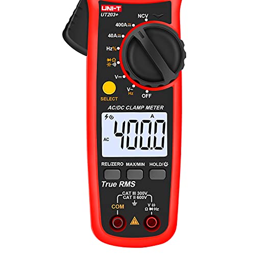 UNI-T Digital Clamp Meter UT203+, AC Current True RMS HVAC Volt Amp Ohm Meter Clamp On Multimeter, Auto Ranging 4,000 Counts NCV AC DC Voltage Frequency Resistance Capacitance Continuity Diode Tester - size: UT203+