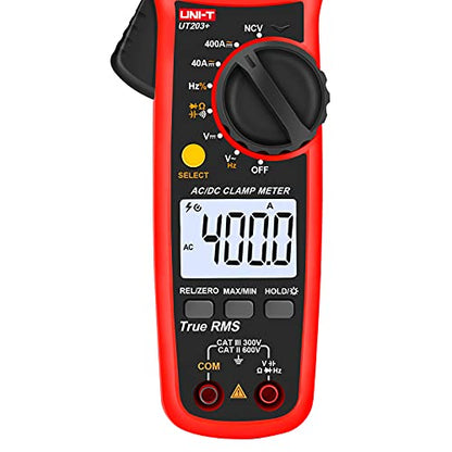 UNI-T Digital Clamp Meter UT203+, AC Current True RMS HVAC Volt Amp Ohm Meter Clamp On Multimeter, Auto Ranging 4,000 Counts NCV AC DC Voltage Frequency Resistance Capacitance Continuity Diode Tester - size: UT203+