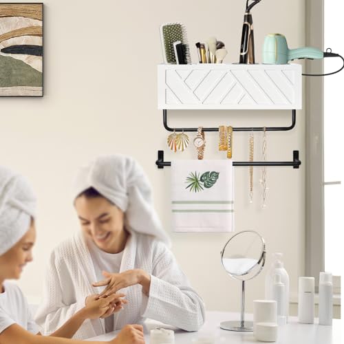 Hair Tool Organizer Wall Mount, Hair Dryer Holder with 2 Towel Bars, Wood Hot Tools Organizer, Rustic Bathroom Organizer Blow Dryer Holder for Bathroom Decor, Flat Iron, Curling Wand, Brushes(White) - color: White-2 Towel Bars