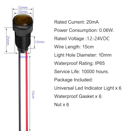 Gebildet 6pcs Yellow Indicator Pilot Light AC/DC 12-24V Mounting Hole Size 10mm(Flame Retardant Plastic Shell) - color: Amber 12-24V/Black shell