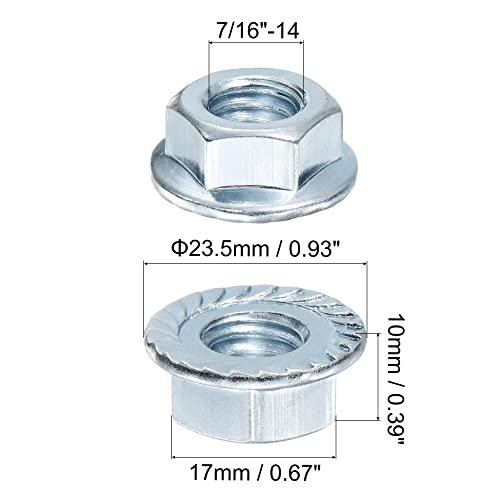 uxcell 7/16"-14 Serrated Flange Hex Lock Nuts, Carbon Steel Zinc Plated 20pcs