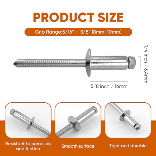 ALLCLEAN 45 Pcs 1/4" x 5/8" Stainless Steel Blind Pro Rivets,6.4 x 16mm Pop Rivets,Stainless Steel Grip and Stainless Steel Mandrel - color: Stainless Steel, size: 1/4" x 5/8"