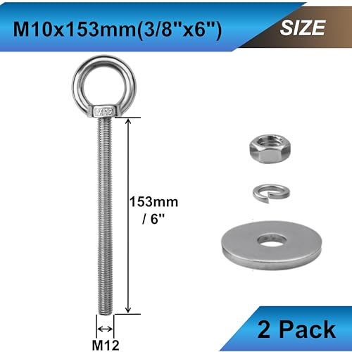 2 Sets M12 Eye Bolts with Nuts, Stainless Steel 1/2" x 6" EyeBolts - size: 1/2"x6"