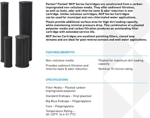 Pentair Pentek NCP-20 Carbon Water Filter, 20-Inch, Whole House Non-Cellulose Carbon Impregnated Pleated Filter Cartridge, 20" x 2.5", 10 Micron - size: Pack of 1, style: 20" x 2.5"