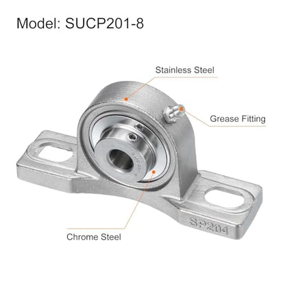 uxcell 2 Pcs SUCP201-8 Pillow Block Bearings 1/2 inch Bore Self Alignment, Stainless Steel Base Mounted Chrome Steel Bearings - size: SUCP201-8