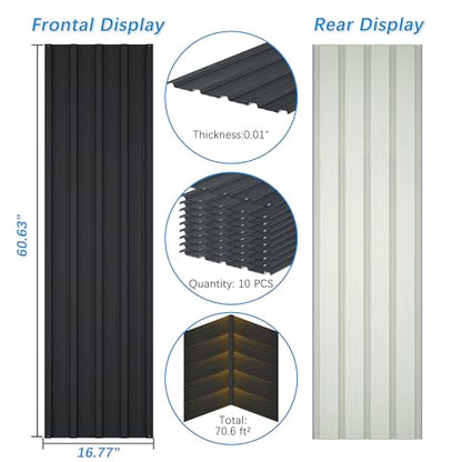 Metal Roof Panels 10Pcs Roofing Panels Galvanized Steel with Screw Resistant,Versatile and Durable Suitable for Garages,Sheds, Stables and Mobile Homes Black 70 sq.ft - color: Black, size: 10 pcs/L60.63"