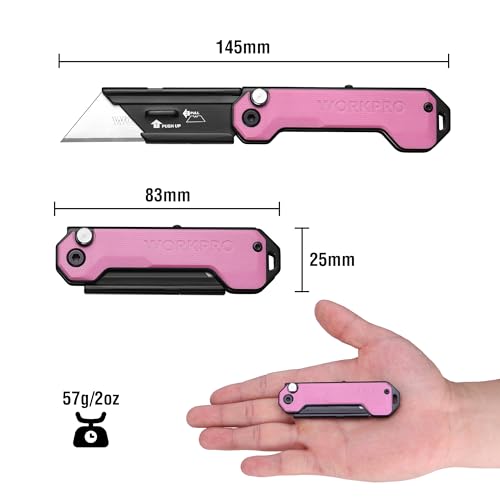 WORKPRO EDC Folding Utility Knife, Mini Box Cutter with Quick Open Axis Lock, Quick Change Blade Razor Knife, Foldable Small Pocket Knife with Belt Clip - color: Pink-g10