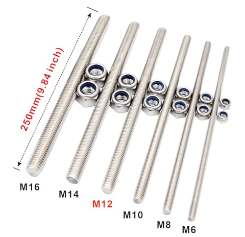 M12x250mm Threaded Rod 2pcs 304 Stainless Steel Threaded Rod Metric Fully - size: M12*250mm