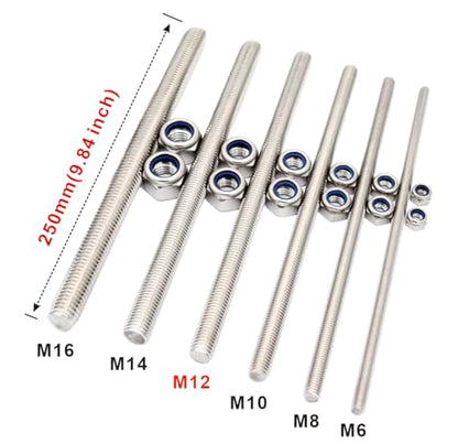 M12x250mm Threaded Rod 2pcs 304 Stainless Steel Threaded Rod Metric Fully - size: M12*250mm