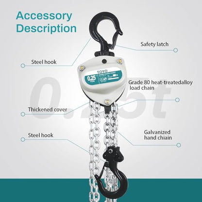 TOYO 550lbs Chain Hoist 1/4 Ton - Mini Hand Hoist with 10FT Chain, for Garages, Warehouse, Automotive - Heavy Duty Pulley Hoist with 2 Heavy Duty Hooks (550Lb 10Ft) - size: 1/4 Ton 10FT