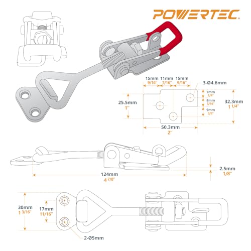 POWERTEC 4PK Toggle Clamp, 400 lbs Holding Capacity, 4002 Adjustable Pull Action Latch for Smoker, Tool Box, Woodworking Jigs and Fixtures, Cabinet, Tool box, Door (20333) - size: 4002, 4PK