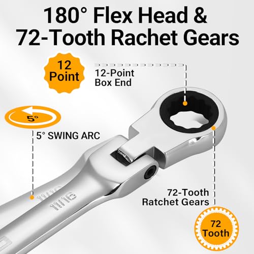 DEKOPRO 8-PC Flex Head Ratcheting Wrench Set SAE 5/16'' to 3/4'', 72-Tooth Cr-V Combination Wrenches with Portable Pouch for Mechanics & Home Maintenance - size: SAE