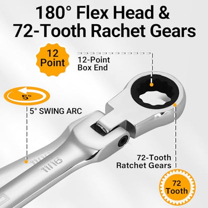DEKOPRO 8-PC Flex Head Ratcheting Wrench Set SAE 5/16'' to 3/4'', 72-Tooth Cr-V Combination Wrenches with Portable Pouch for Mechanics & Home Maintenance - size: SAE