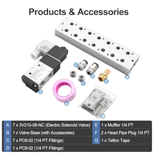 BAOMAIN 12V DC 3/2 Pneumatic Solenoid Valve 7 Station 3V210-08 Manifold Kit - size: 7-Station Valve Kit