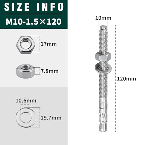 8-Pack M10-1.5 x 120 Wedge Anchors, Stainless Steel 304 (18/8), Concrete Anchor for Heavy-Duty Projects - size: M10-1.5 x 120