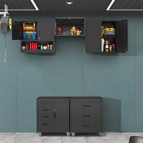 Metal Garage Storage Cabinets System, 5-Pcs Workshop Tool Cabinet Set,Black - color: Black, style: 5 pcs set-Black