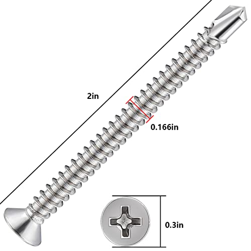 Wensilon（150pcs）#8×2”for Sheet Metal Self-Tapping Screws 410 Stainless Steel Flat Head High-Strength Quick self-Drilling Screws - color: Silver, size: #8X2"