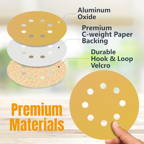 POWERTEC 200 PCS 150 Grit - 5 Inch 8 Hole Hook and Loop Sanding Discs, 5" Sanding Pads for Automotive, Drywall, Woodworking with Orbital Sander, Air, and DA Sander (44015G-50-P4) - size: 150 Grit, 200PK