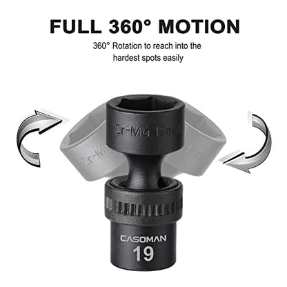CASOMAN 10 PCS 3/8" Drive Standard Universal Impact Socket Set, 6 Point, CR-MO, Metric,10-19mm - size: 10 PCS 3/8" Dr.(Shallow)