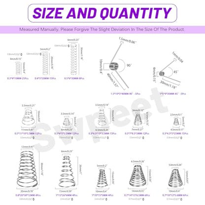 Swpeet 148Pcs 3 Styles Stainless Steel Compression Springs Assortment Kit, 0.3/0,5/0.7/0.8/1 mm Conical Spring Compressed Spring, 0.3/0.4/0.5 mm Compression Springs, 1.5mm-45/90 Degree Torsion Spring - size: N1
