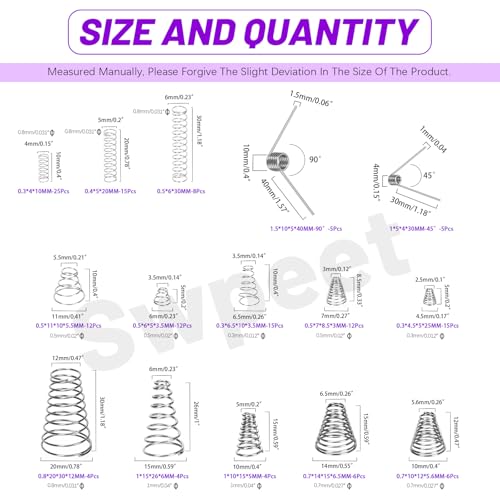 Swpeet 148Pcs 3 Styles Stainless Steel Compression Springs Assortment Kit, 0.3/0,5/0.7/0.8/1 mm Conical Spring Compressed Spring, 0.3/0.4/0.5 mm Compression Springs, 1.5mm-45/90 Degree Torsion Spring - size: N1