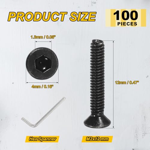 PATIKIL M2x12mm Flat Head Socket Cap Screws Carbon Steel Hex Spanner 100Pcs - size: M2x12 mm